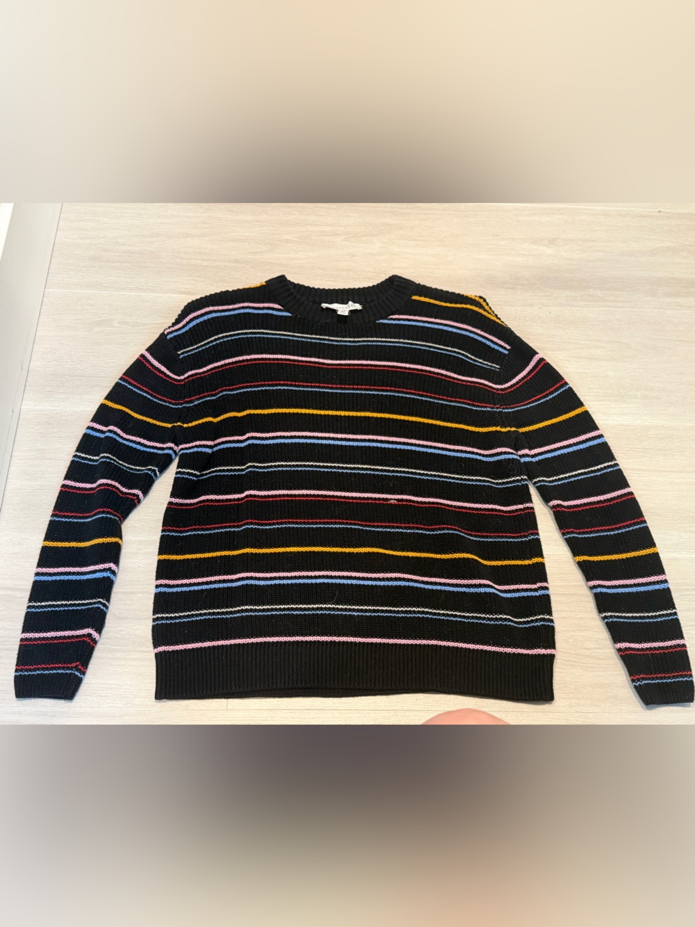 POPSUGAR Black Crewneck Sweater with Pink, Blue, Yellow & Red Stripes